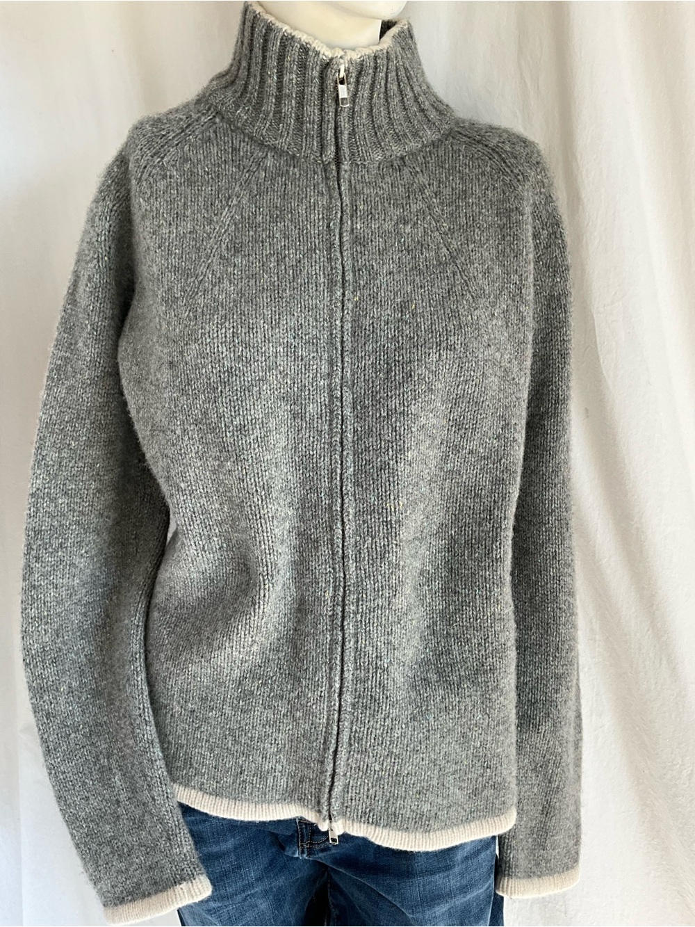 Cotton Ginny XL Lambswool Blend Grey Tweed Full Zip Sweater Cardigan